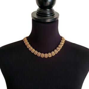 Ornate Antique Gold Tone Collar Necklace Panel Filigree Chunky Victorian Revival